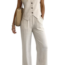 Women's 2 Piece Outfits Linen Vest Waistcoat Dressy Casual Sets Wide Leg Pants Suits, Size Large