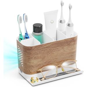 Bathroom Organizers and Storage 6 Slots Wood Grain Electric Toothbrush Holders with Phone Holder and Adjustable Dividers, Cord-Friendly Toothbrush Organizer with Drainage for Family, Kids