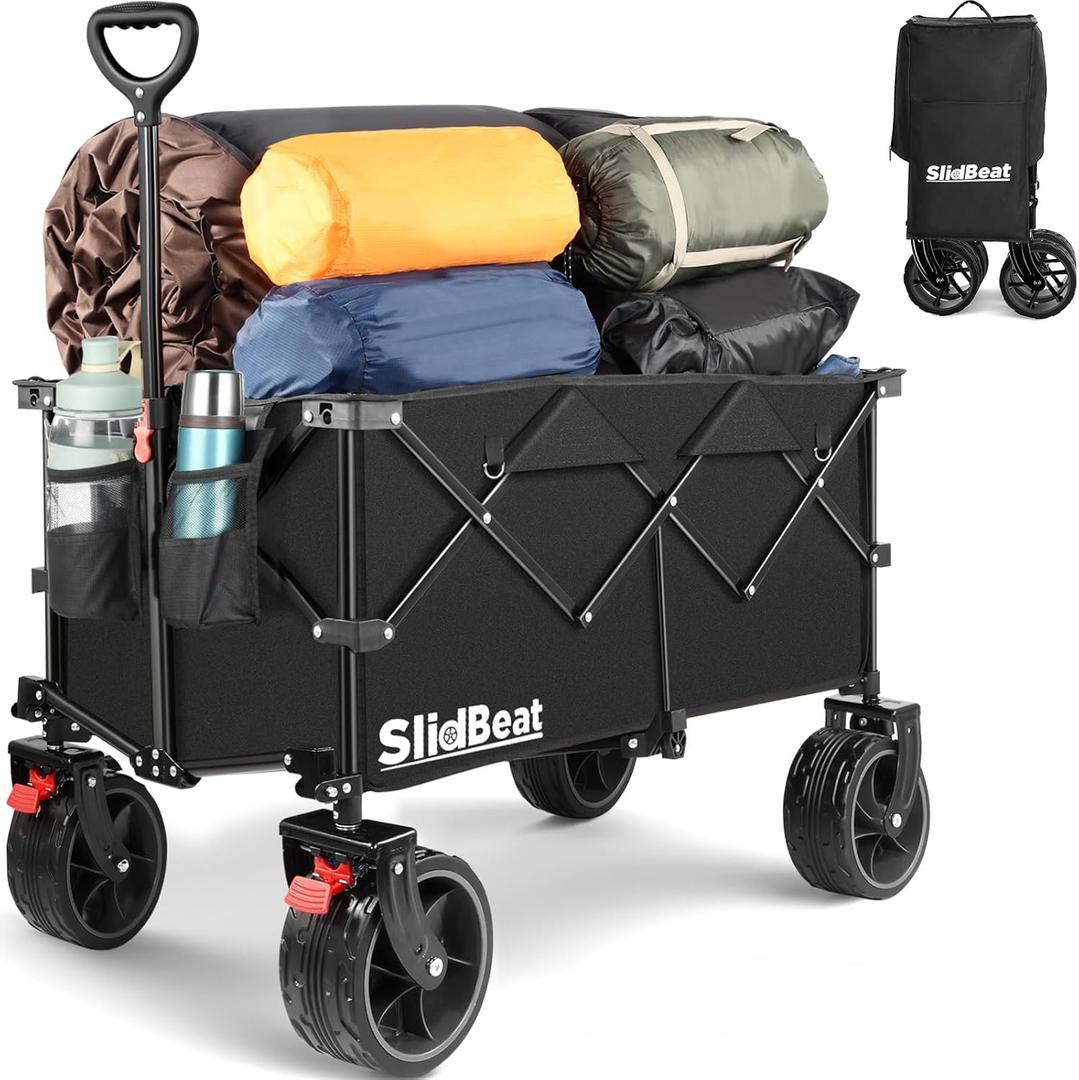 220L Collapsible Wagon with Big Wheels - Heavy Duty Utility Foldable Cart, All-Terrain Wheel & Drink Holders Portable Grocery Carts for Outdoor, Travel, Camping, Beach, Garden,Fishing (83x1 inches, Black)