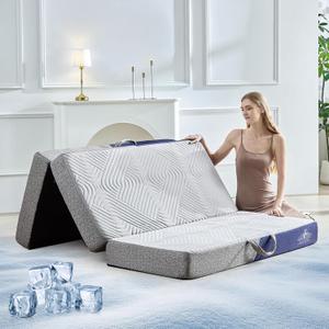 Foldable Mattress Queen Size, 6 Inch Cooling Folding Mattress/Topper, Breathable Absorbs Heat Fabric, Washable Trifold Memory Foam Mattress, Portable Floor Bed for Guest, Yoga, Camping