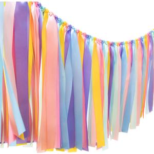 Pastel Rainbow Ribbon Tassel Garland Colorful Fabric Banner Hanging Patry Decoration Backdrop for Baby Shower, Highchair, Birthday Macron Banner Backdrop Decor 40 Inches(L) X 14 Inches(W)