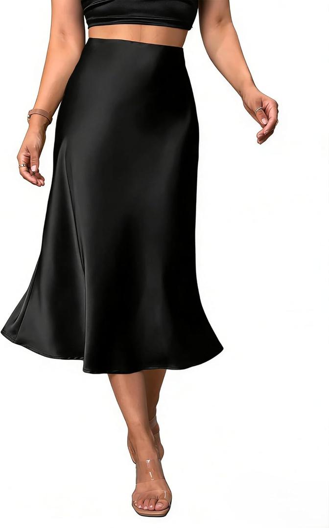Women's Satin Midi Skirt Elegant Fishtail Silk A Line Casual Skirts for Party Wedding (Black, Medium)
