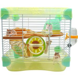 2 Layers Hamster Cage with Tubes Mouse Cage with Accessories Water Bottle Food Dish Transparent Hamster Habitat with Exercise Wheel for Hamster Guinea Pig Gerbil (10.9" x 8.1" x 9.8" Yellow)