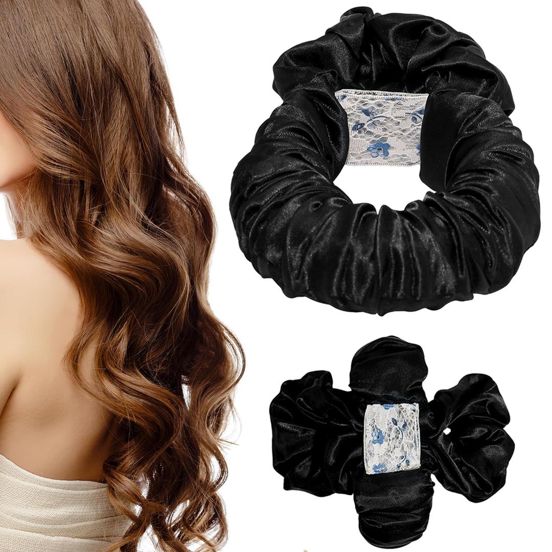 Heatless Hair Curler Overnight to Sleep In,Heatless Curling Scrunchie for Women Soft Silk Lazy Rollers Headband for Long Hair Overnight. (BLACK, NORMAL) (1 Count (Pack of 1))