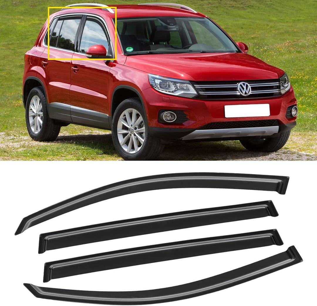 Window Visor for Volkswagen VW Tiguan 2009-2017, Out-Channel Rain Guards Shields Vent Deflector Shade Wind Dark Smoke for 09-17 Tiguan, Tape-On Outside-Mount, 4PCS