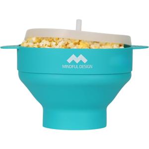 The Original Mindful Design Collapsible Microwave Popcorn Popper - Silicone Bowl, BPA-Free & Dishwasher Safe (Cyan)