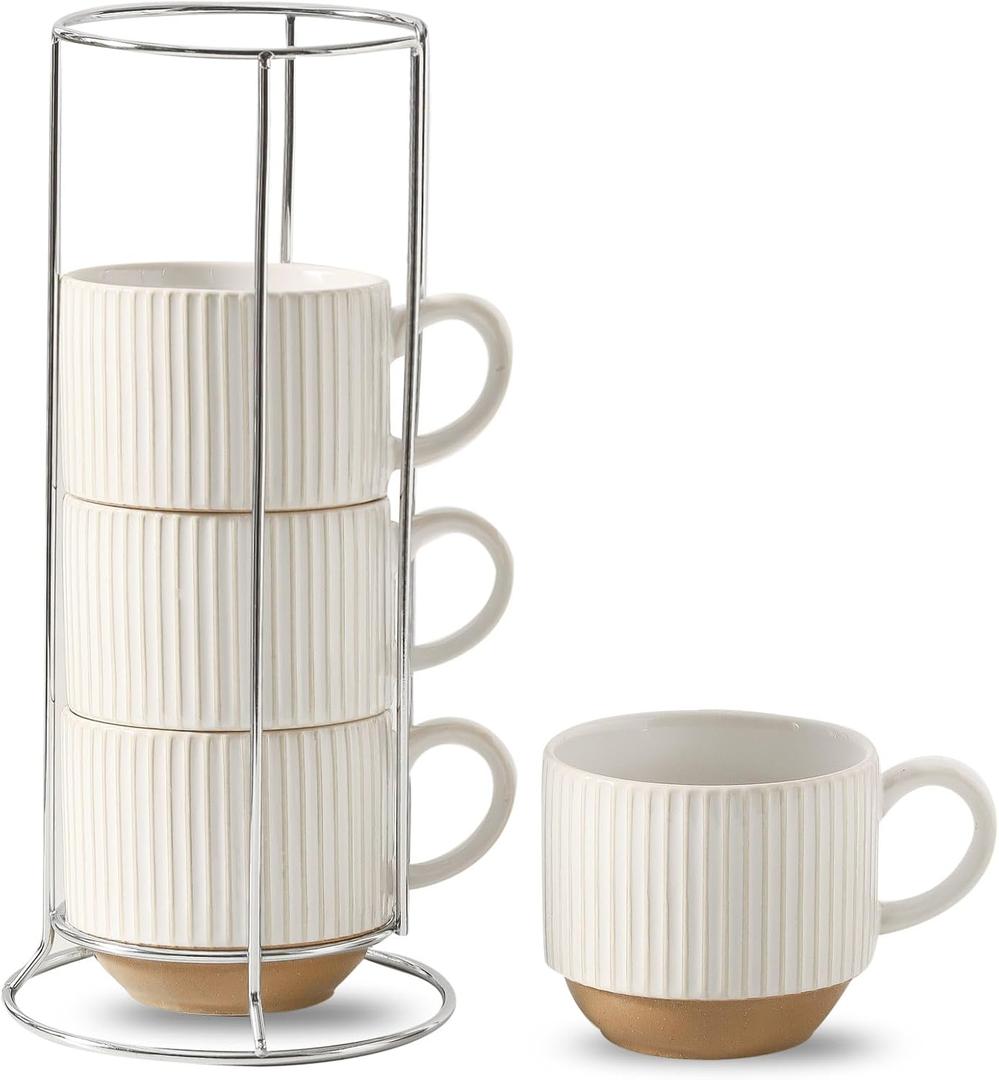 HASENSE 15oz Coffee Mug Set of 4 - Stackable Ceramic Mugs with Holder - White & Light Brown Coffe Cups Set for Cappuccino, Tea, Hot Cocoa, Drinks - Wedding & Housewarming Gifts, Everyday Use