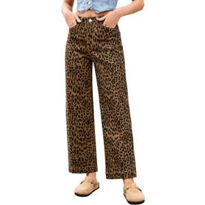 LookbookStore Wide Leg Jeans for Women Trendy High Waisted Stretchy Cheetah Leopard Pants Ankle Length Trouser Jeans (Large)