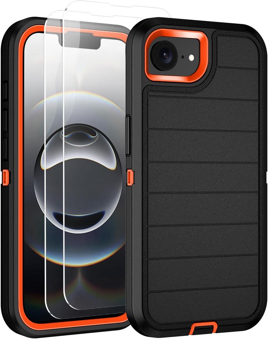 for iPhone 16e Case with 2 Pack Tempered Glass Screen Protector Heavy Duty Shockproof 3-Layer Full Body Protection Military Grade Rugged Cover Case for Apple iPhone 16e 6.1",Black/Orange