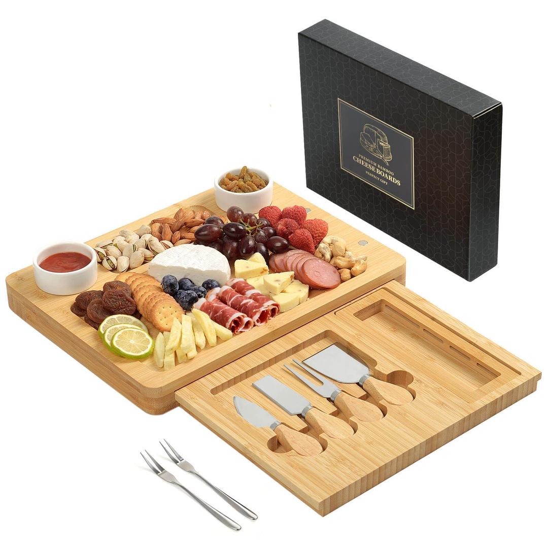 Bamboo Cheese Board Set - Charcuterie Boards and Serving Meat Platter, Cheese Tray with 4 Stainless Steel, 1 Drawers, Cheese Knives Cutting Board Platter, Ideal for Halloween, Wedding, Christmas Gifts