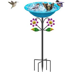 Metal Bird Bath for Outside Garden Birdbath Bowl, Freestanding Bird Feeders for Outdoors with 5 Prongs Base Stake, Standing Birdfeeders Bath Bowl for Yard Decor (Retro Blue)