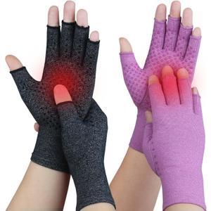 2 Pairs Arthritis Gloves for Pain Relief, Compression Gloves for Arthritis, Carpal Tunnel, Osteoarthritis, Joint, Typing, Driving, Fingerless Hand Gloves for Women Men (Black1+Purple1, Medium)