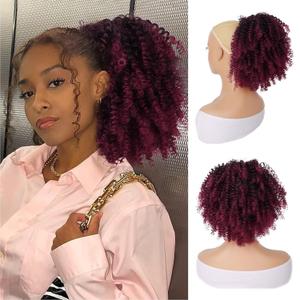 G&T Wig Afro Kinky Curly Drawstring Ponytail Extension for African Black Women Short Afro Puff Curly Syntheetic Hairpieces for Daily (Ombre Red)
