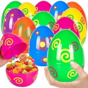 Large Printed Easter Eggs, 6 Inches Jumbo Plastic Eggs Fillable for Easter Themed Hunt Basket Stuffers Fillers Filling Treats Bulks Party Favor Classroom Prize Supplies