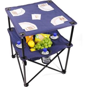 Portable Folding Camping Table with Cup Holders Lightweight & Compact 2-Tier Outdoor Table with Storage, Ideal for Card Games, Snacks, Picnic, Tailgating & Camping (Navy Blue)