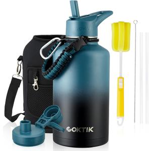 Half Gallon Insulated Water Bottle, 64 oz Triple Wall Stainless Steel Flask, Keeps Drinks Cold for 48 Hrs Leak-Proof & BPA-Free Half Gallon Jug with Paracord Handle, Straw & Spout Lids(Indigo Black)