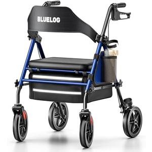 Bluelog Walkers for Seniors Rollator Walkers with Seat, 350lb Capacity with Cup Holder & Cane Holder, 8'' All Terrain Wheels, Adjustable Handles and Seat Height, Foldable Design, Blue