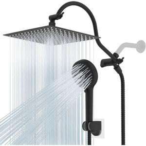 Hibbent 12'' All Metal Shower Head, High Pressure Rainfall Shower Head/Handheld Showerhead Combo/ 12'' Adjustable Curved Shower Extension Arm, 10-Spray, 71'' Hose, Showerhead Holder, Matte Black