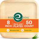 ECO SOUL Palm Leaf Like Bamboo Plates, 8 Inch Square, 50 Pack Bulk Disposable Appetizer & Dessert Tableware, Compostable Biodegradable Natural Wooden Small Party Plates for Wedding, Catering, Events