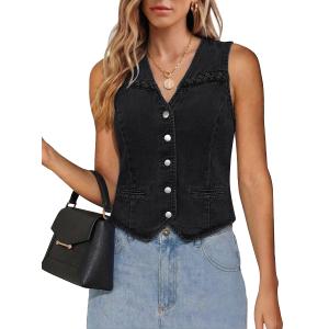 luvamia Denim Vest Women Trendy Button Down Braided Adjustable Waist Western Casual Sleeveless Jean Waistcoat Vests Top, XL
