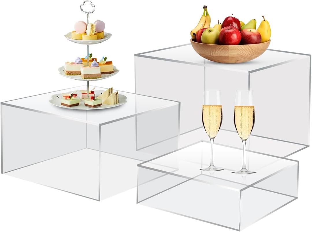 Bouiexye 3Pcs Clear Buffet Risers Acrylic Boxes Display Food Risers for Buffet Table Platter Parties Weddings Catering Dessert Collectibles Figures Show ( 6''x7''x8'')