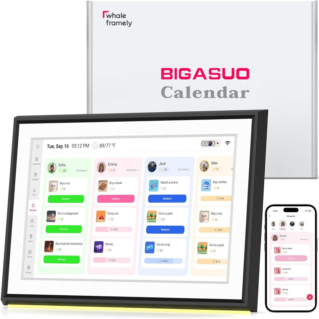 BIGASUO 10.1" Digital Calendar, Smart Touchscreen Interactive Display, Electronic Organizer for Monthly, Weekly & Daily Agenda, Chore Chart, Meal Planner, To Do List, Family Schedules, Picture Frame