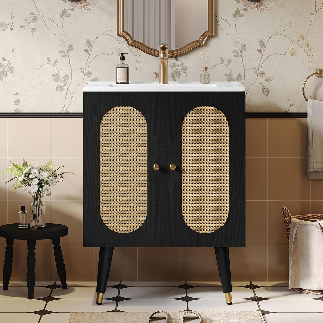 DWVO 24 Inch Rattan Vanity with Sink | Small Bathroom Vanity Cabinet, Boho Style with 2 Large SoftClosing Doors & FourSided Water Barrier Strip