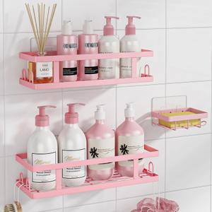 Youvip Adhesive Shower Caddy,Shower Shelves with Soap Holder and 12 Hooks,No Drilling Bathroom Organizer and Storage,Pink,3 Pack