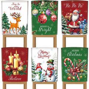 Tiamon Christmas Chair Covers Set of 6 Classic Chair Back Covers Elk Christmas Ball Candle Snowman Candy Cane Dining Room Washable Slipcovers Removable Seat Protector for Xmas Party Kitchen Decoration