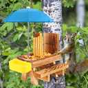 MIXXIDEA Wooden Squirrel Feeder Table with Water Bowl, Squirrel Picnic Table for Outside with Umbrella, Brown Squirrel Feeder with Corn Cob Holder Cute Chipmunk Feeder (Blue)
