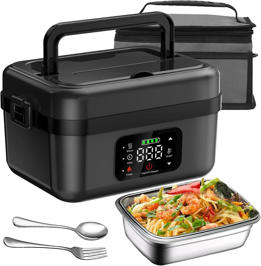 Cordless Electric Lunch Box for Adults,16000mAh Self-Heating Food Warmer with 1L/4.2 Cups Leak-Proof Container,Rechargeable Portable Heated Lunch Box for Office,Travel, Car, Picnic&Outdoor (Black)
