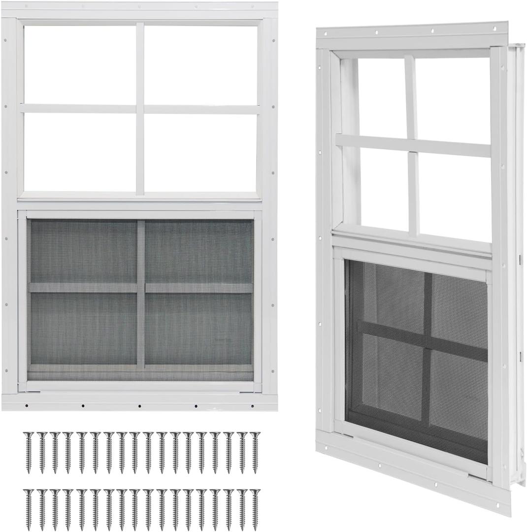 Yuzzy Shed Windows 2 Pack, Chicken Coop Windows 30" x 36" with Tempered Glass and Fiberglass Screen, Flush Mounted Small Window for Shed, Barns, Playhouse, Household, Garage (White)