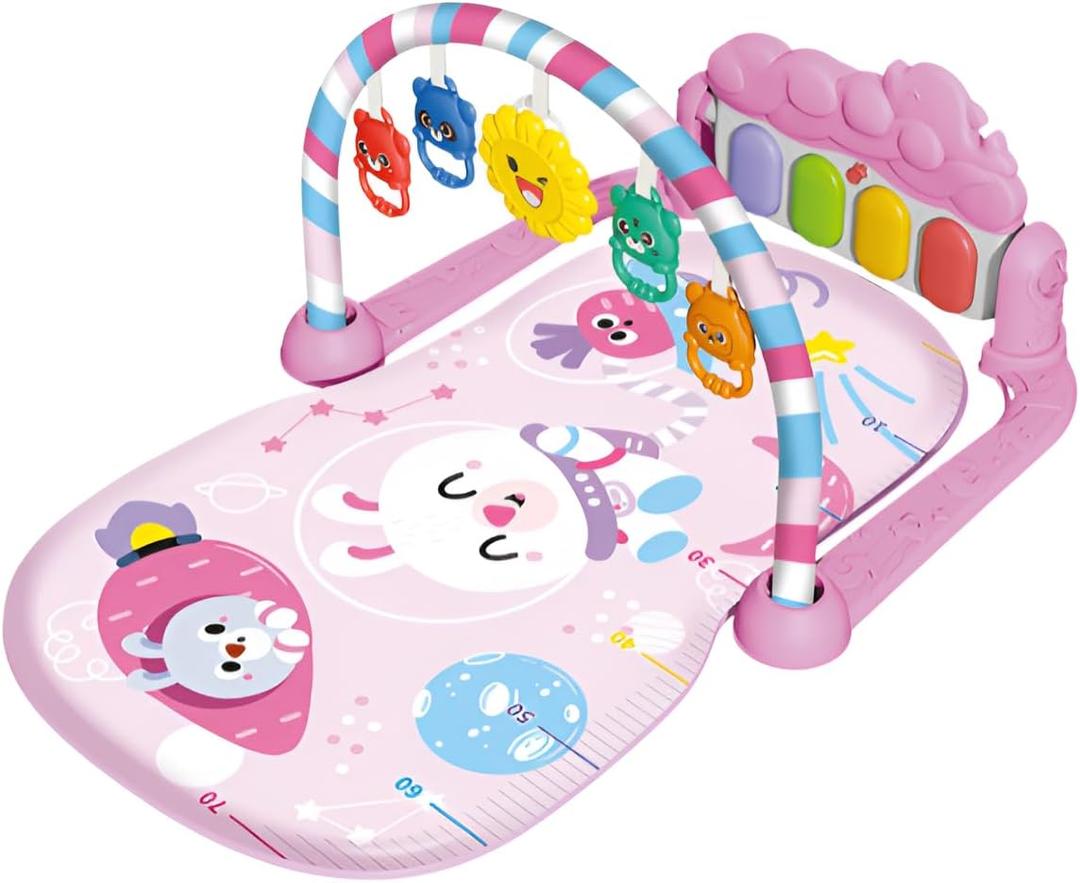 Baby Play Mat for Babies 0-6 Months, Piano Tummy Time Activity Mat with Music, Play Mat for Babies with 5 Linkable Toys Pink