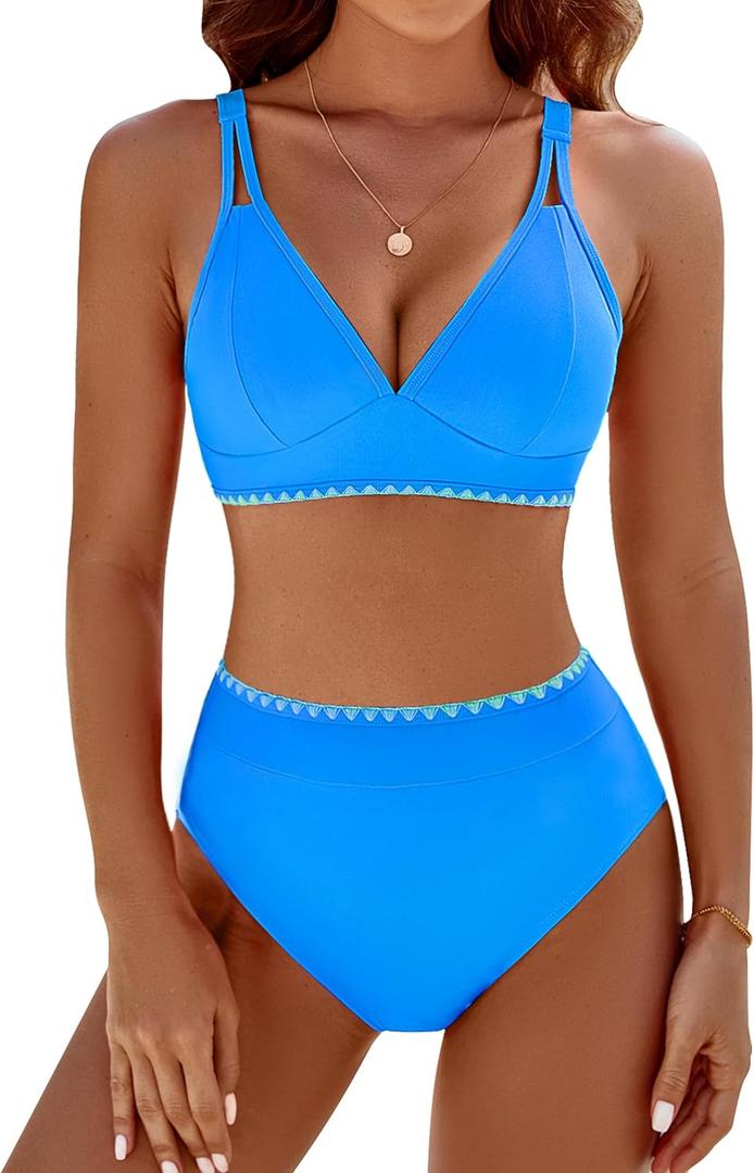 BMJL Women's Bikini Sets V Neck High Waisted Swimsuits Shell Stitched Cheeky Two Piece Bathing Suit (Medium, Blue039)