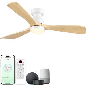 60 inch Smart Flush Mount Ceiling Fan with Lights,Low Profile Wood Ceiling Fan with lights Works with App&Alexa/Gg Voice Control&Remote,Quiet DC Motor for Covered Patio Porch,Nature Wood
