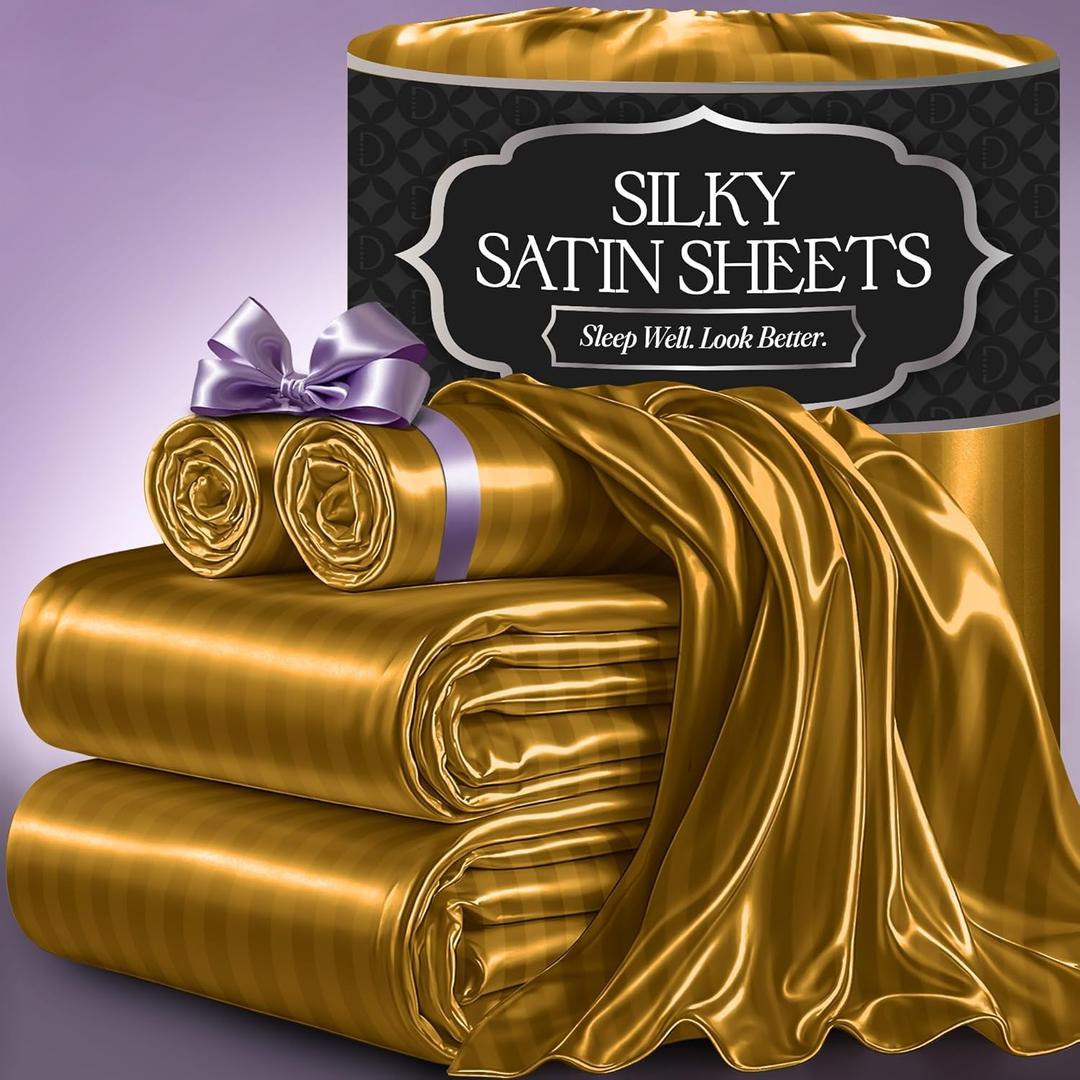 DECOLURE Satin Bed Sheets - 4 Piece Luxury Silky Full Size Bedding Set - Softer Than Silk, Wrinkle-Free with 15 Deep Pocket Fitted Sheet, Perfect for Hair & Skin, Gifts for Women (Striped Gold)