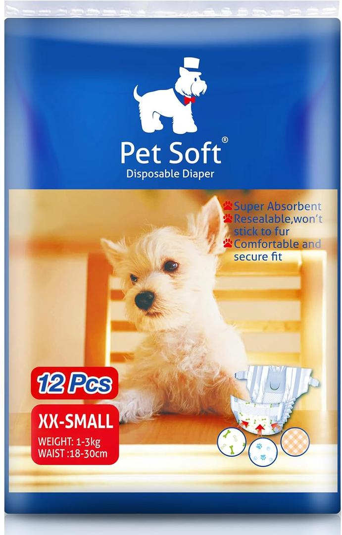Pet Soft Doggie Diapers - Disposable Dog Diapers for Female in Heat Period or Urine Incontinence, Puppy & Cat Diapers Ultra Absorbent 12pcs XXSmall