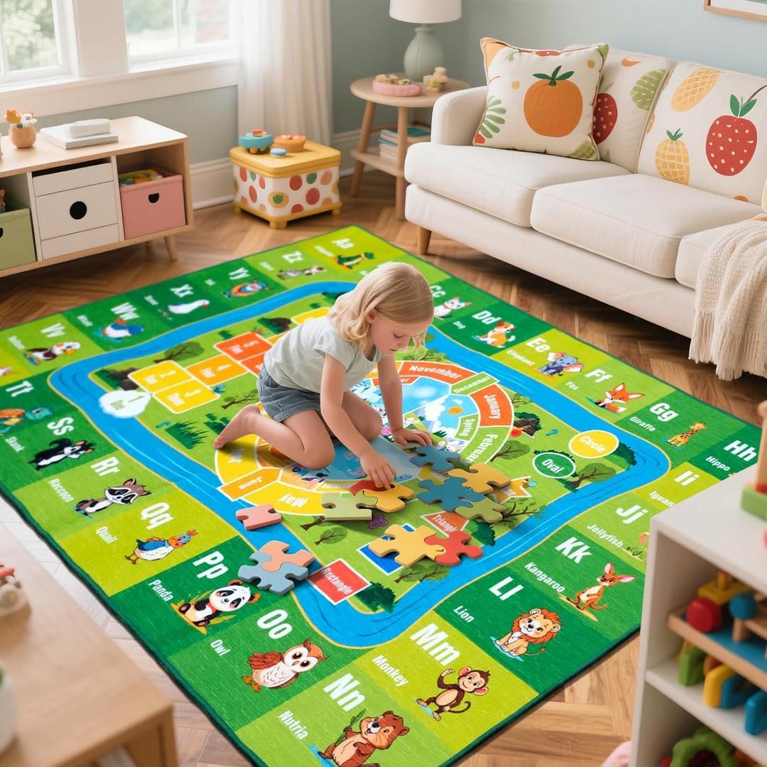 junhejiamei 5'x 7' ABC Rug, Kids Rugs for Playroom Classroom Bedroom, Educational Learning Play Mat with Alphabet Animals Numbers & Shapes (5x7 Feet)