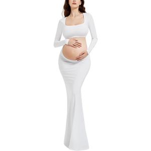 Bhome Maternity Photoshoot Dress Long Sleeve Sexy Cut-Out Backless Maternity Maxi Gown Photography Outfits (Medium, White)