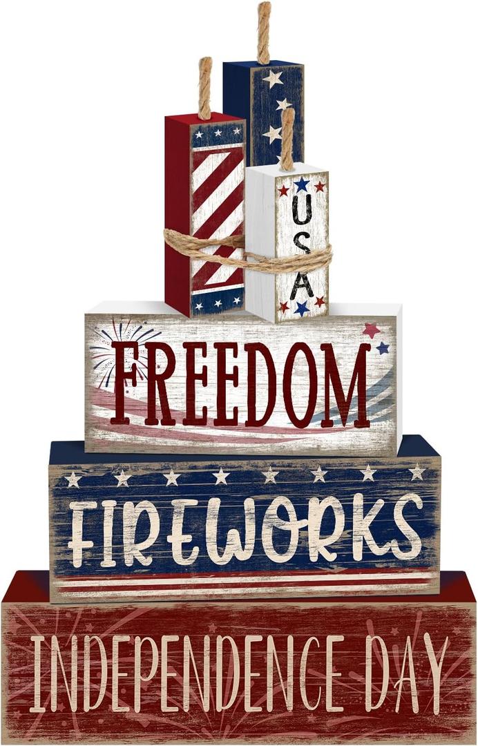 Britimes 4 Pcs Patriotic Tiered Tray Decor Set, 4th of July Table Sign Farmhouse Red White Blue Rustic Wooden Block Stack Sign for Home Fireplace Mantel (Independence Day Fireworks)