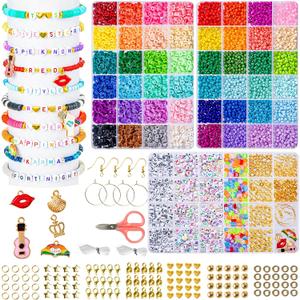 Goldwise Friendship Bracelet Kit 3 Boxes-6240 Pcs 48 Colors Bracelet Making Kits with Clay Beads, 2880 Pcs 4mm Glass Seed Beads and 960 pcs A-Z Letter Beads with Charms for Party Birthday Gift