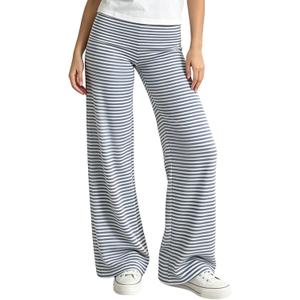 SUEER Women Y2K Fold Over Yoga Pants Elastic Low Waist Contrast Color Straight Wide Leg Soft Sweatpants (Blue-Stiped, S)