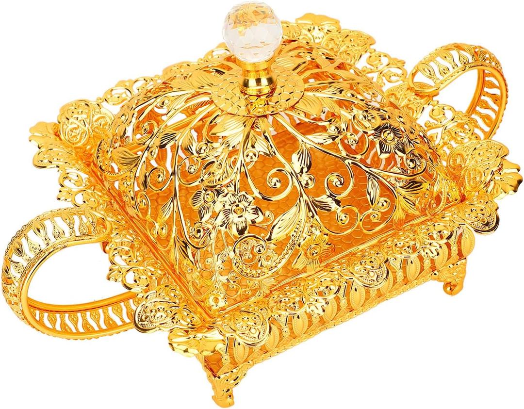 European Style Metal Fruit Plate, Vintage Fruit Basket Holder, Golden Decorative Snack Basket for Candy, Snacks, Dessert (Rectangular) (12.2" x 8.7" x 5.1")