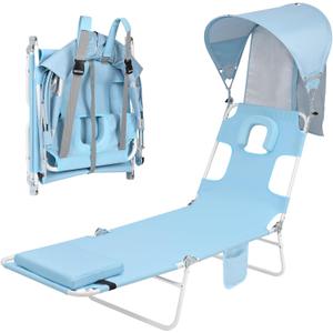 Backpack Beach Tanning Chair with Canopy and Face Hole, 6-Position Folding Lay Out Lounge Chair, UPF 50+ Wind-Resistant Sun Shade, Portable Recliner for Sunbathing, Outside, Poolside, Lawn, Patented