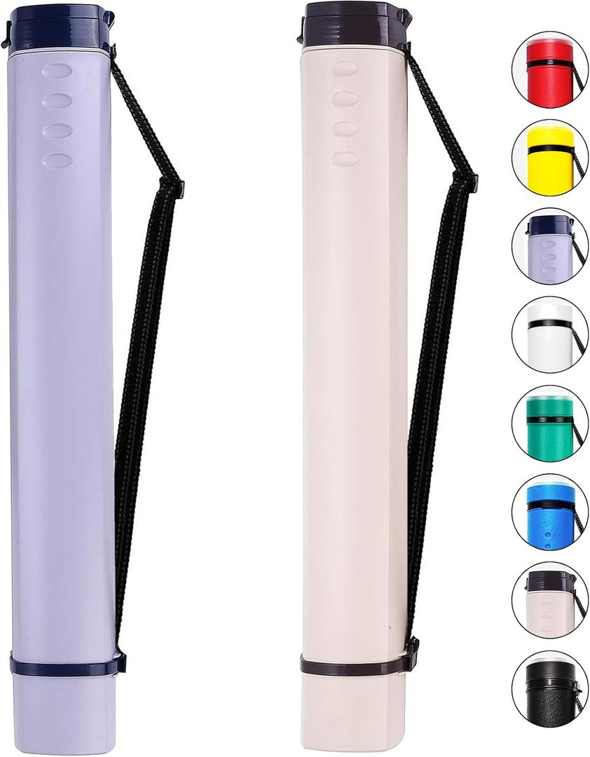 2-Pack Extendable Poster Tubes Expand from 24.5 to 40 with Shoulder Strap | Carry Documents, Blueprints, Drawings and Art | Creamy White and Violet Portable Round Storage Cases with Lids and Labels