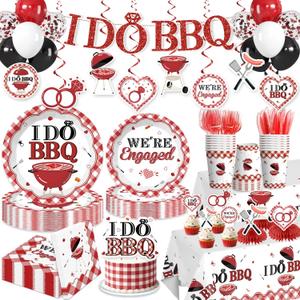 205 Pcs I DO BBQ Decorations - Serves 25 Guests - All-in-One Picnic Party Decorations Kit Includes 350psm Plates, Tablecloths and Toppers, BBQ Themed Party Supplies