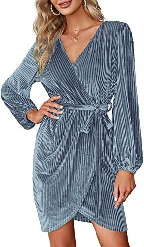 BerryGo Women's Long Sleeve Wrap Semi Formal Velvet Mini Dress Sexy Cocktail Party Winter Prom Dress Blue Grey S