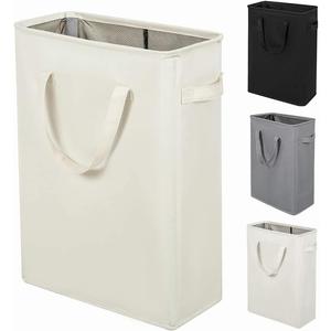 Slim Laundry Hamper With Handles Collapsible Laundry Basket Thin Dirty Clothes Basket Narrow Laundry Bag Foldable Dirty Clothes Hamper 45L (24inches,Beige), 15 X 8 X 24 Inches