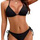 Zonsaoja Women String Bikini Set Halter Side Tie Two Piece Swimsuit Triangle Bathing Suits (Black, S)