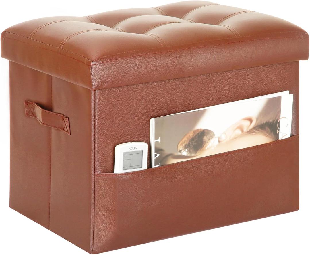 BelugaHelper Storage Ottoman Foot Rest Stool. Folding Ottoman with Storage with Thicker Foam Padded Seat. 330 lbs Footstool Bench for Living Room, Bedroom, Home Office Table, 17x13x13in, Light Brown